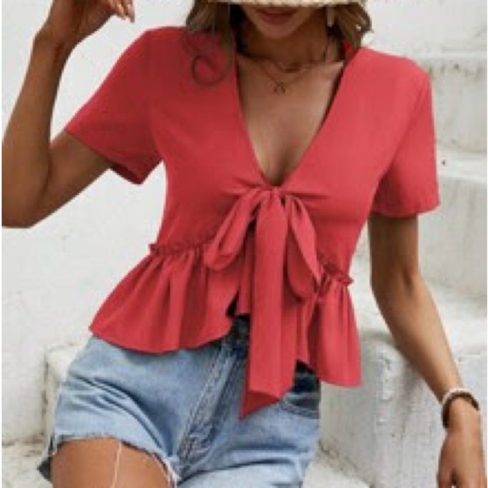 Red Tie Front Peplum Blouse, M